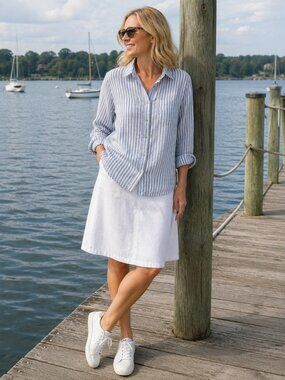 100% Linen Classic Women's F&F Shirt, Blue and White, Size 10 Large, Summer